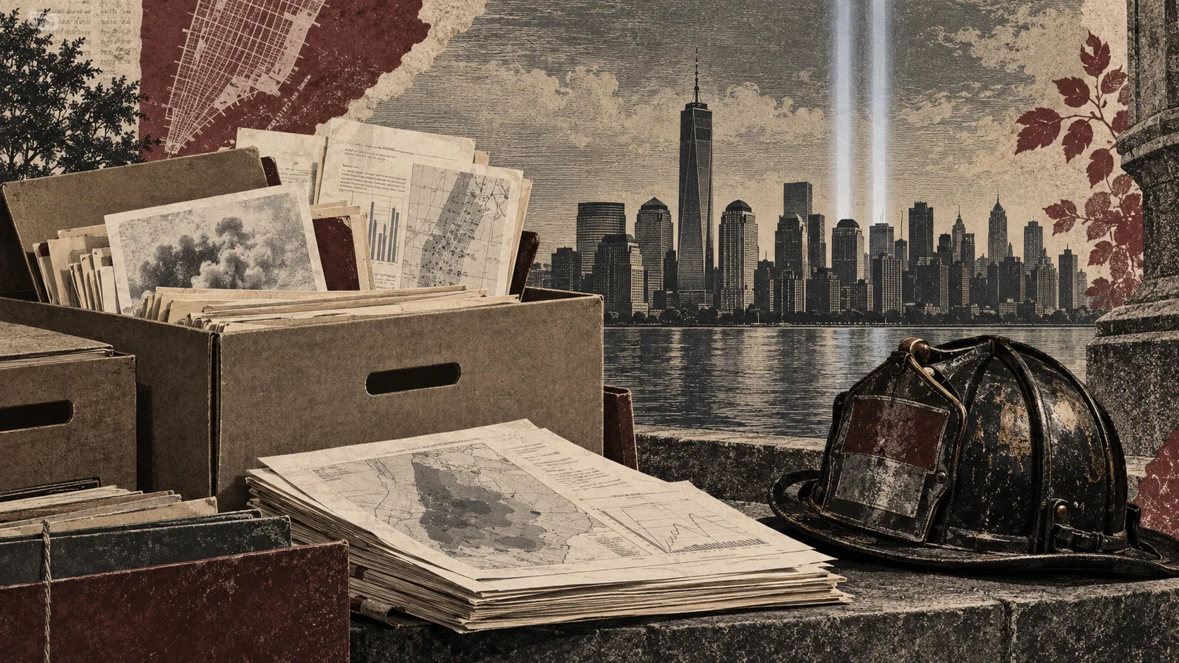 Editorial illustration of archive boxes and a firefighter helmet overlooking Manhattan and memorial light beams
