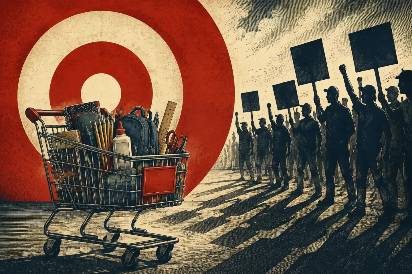 Editorial illustration of school supplies in a shopping cart facing union demonstrators