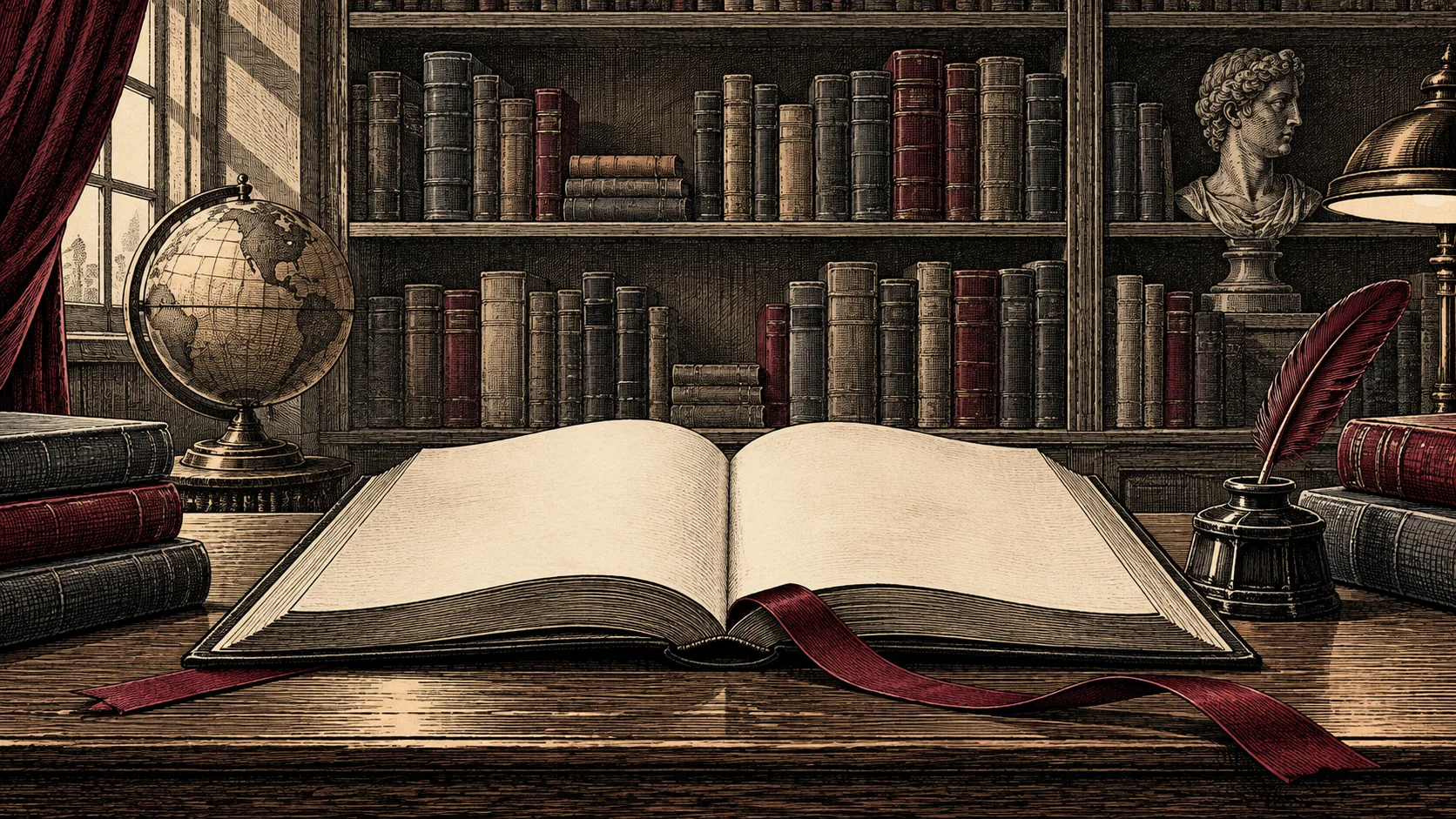 Engraved illustration of an open book with a burgundy bookmark on a library desk.