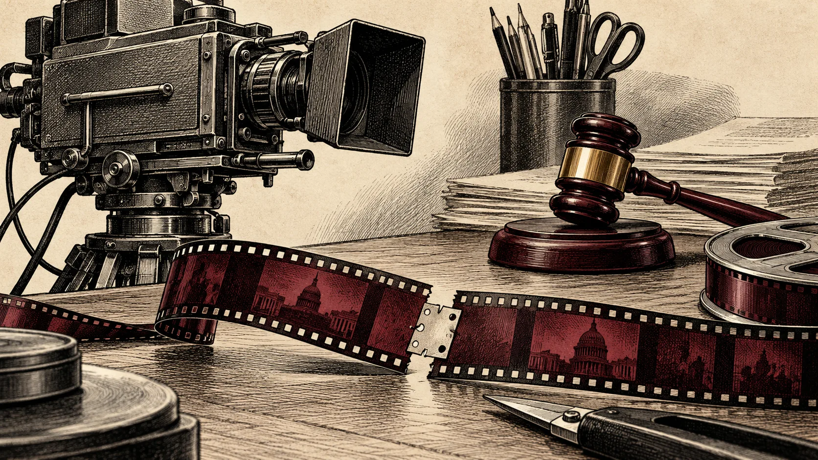 Symbolic engraved illustration of a television camera, spliced film strip and judge’s gavel.