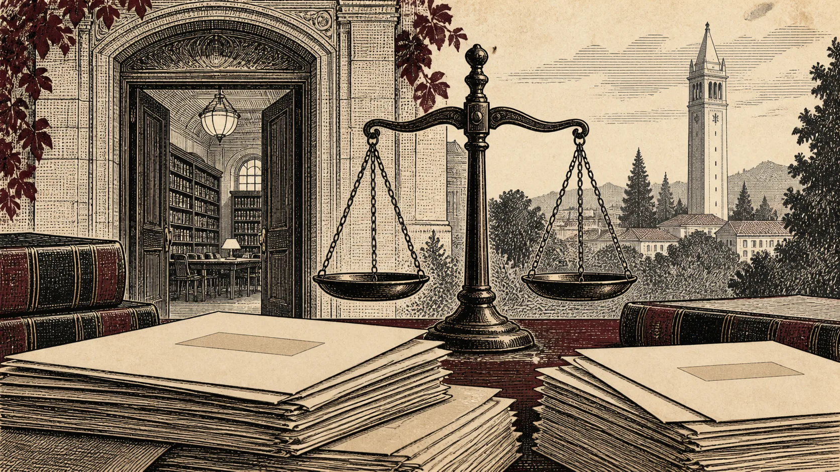 Engraved illustration of scales of justice, application folders and a university law library.