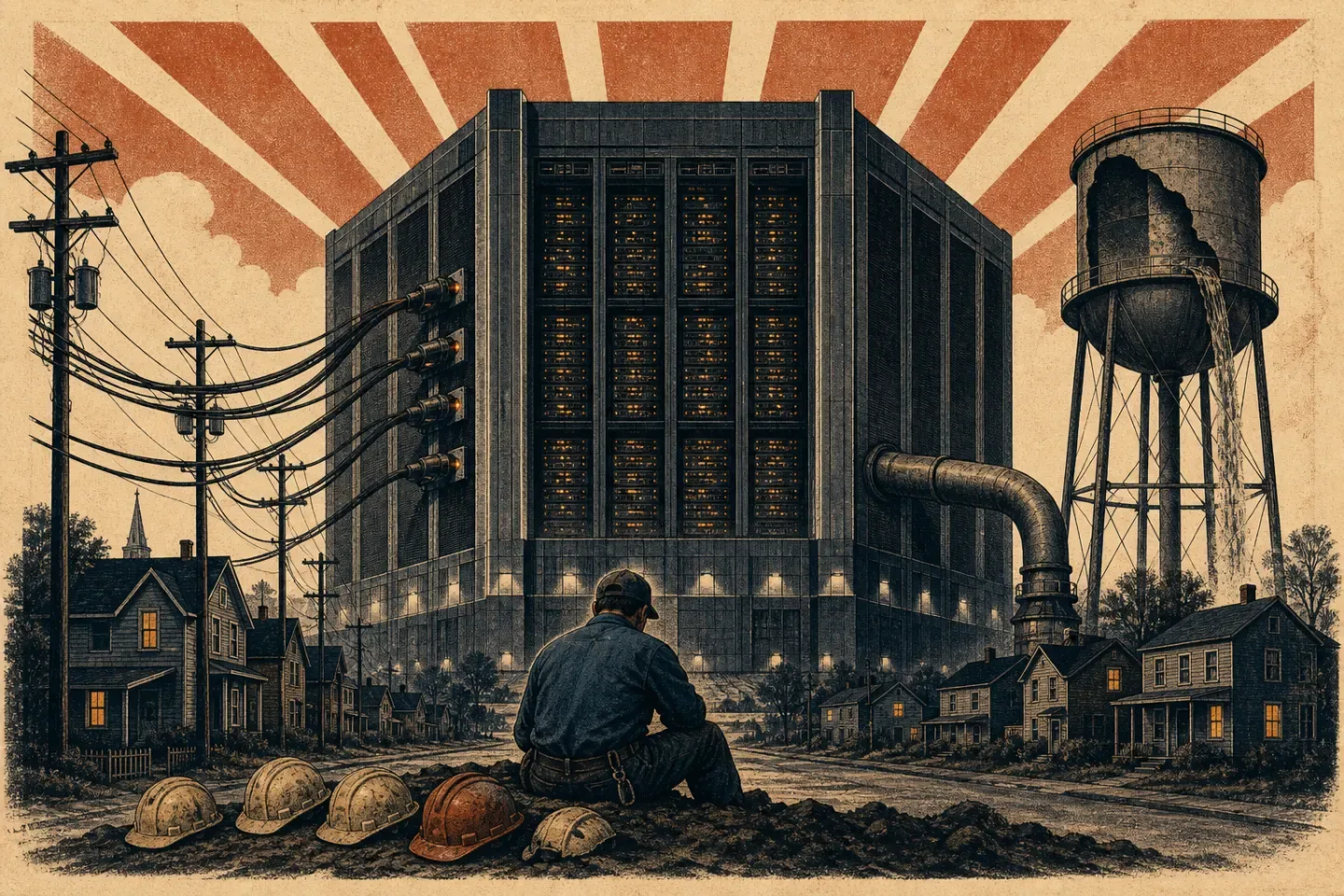 Editorial illustration of a massive data center drawing power and water from a small American town