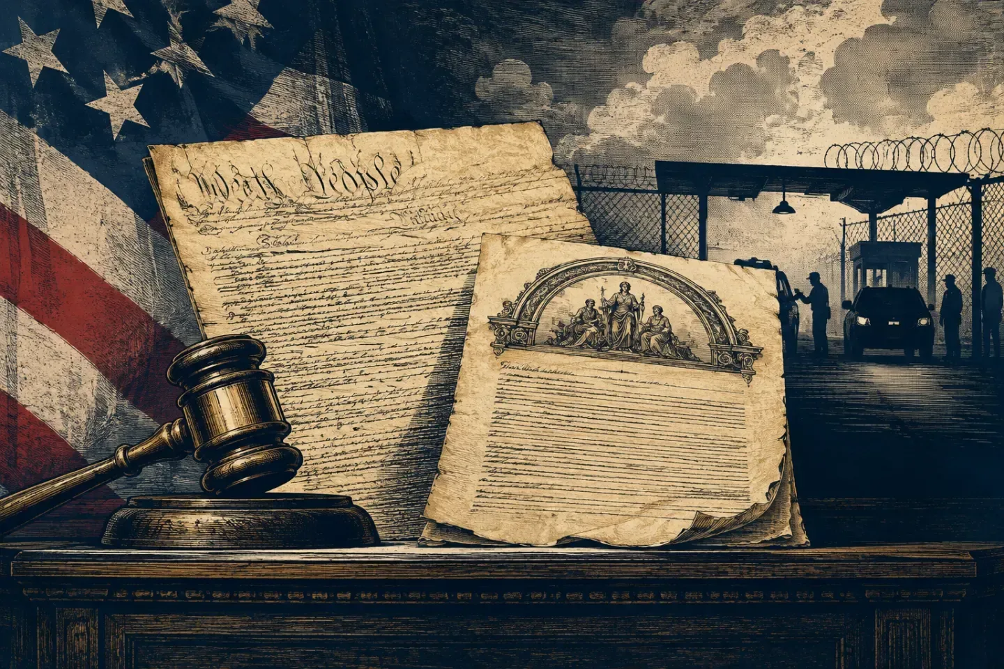 Editorial illustration of the Constitution, a judge’s gavel and an immigration checkpoint