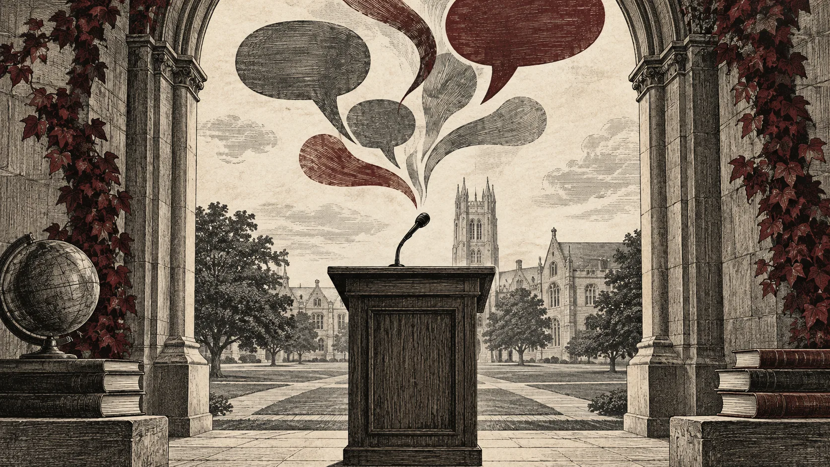 Editorial illustration of a university podium beneath floating speech shapes