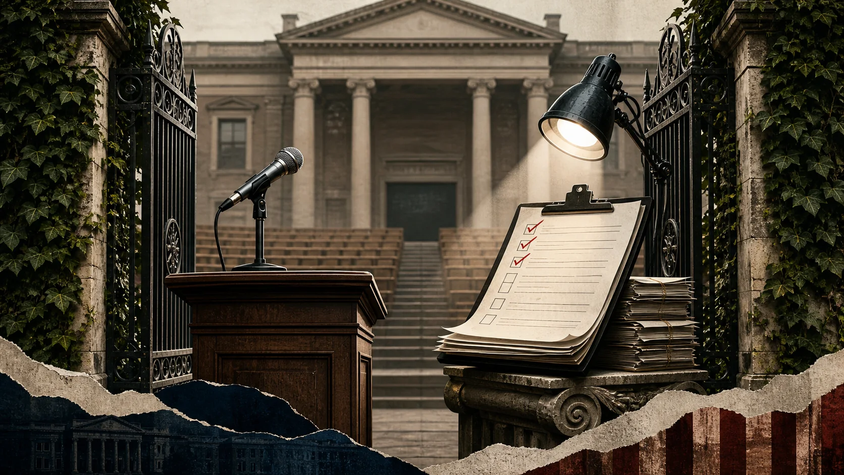 Editorial illustration of a campus microphone facing a government reform checklist