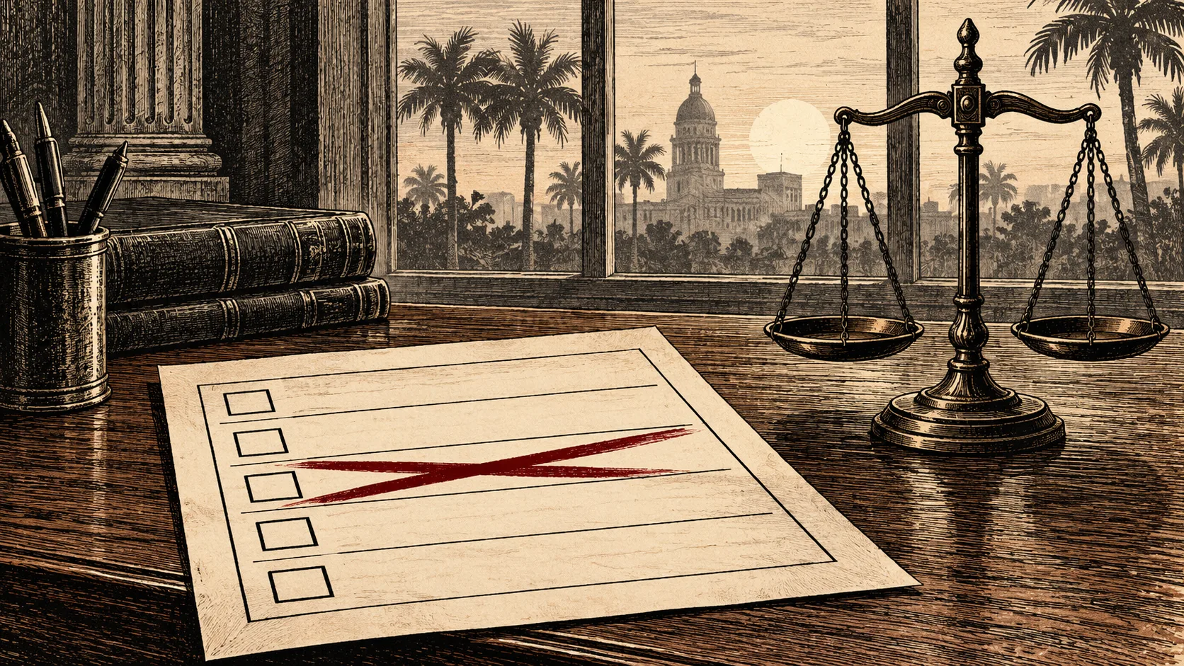 Engraved illustration of a blank voter guide with a crossed-out row beside balanced scales.