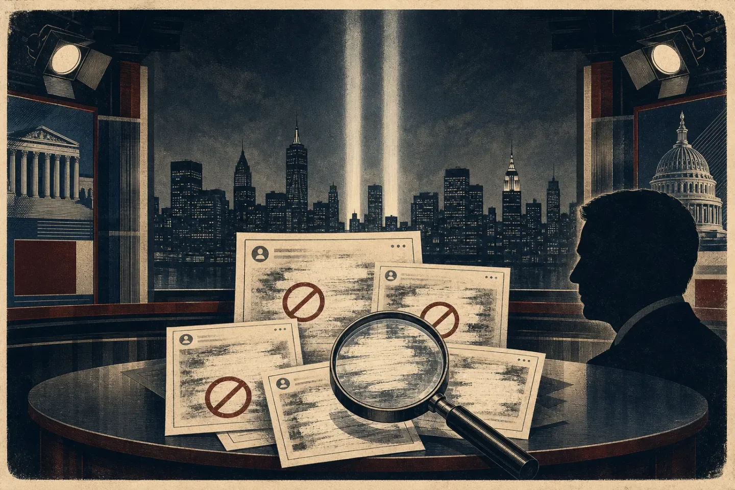 Editorial illustration of deleted social-media posts under a magnifying glass in a television newsroom with memorial lights