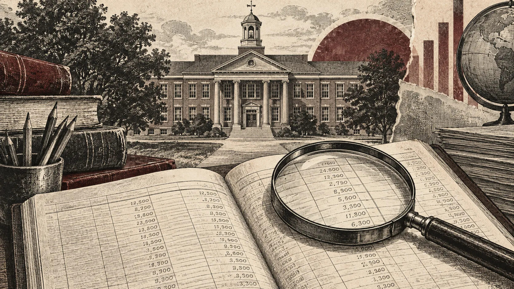 Editorial illustration of a school behind an accounting ledger and magnifying glass
