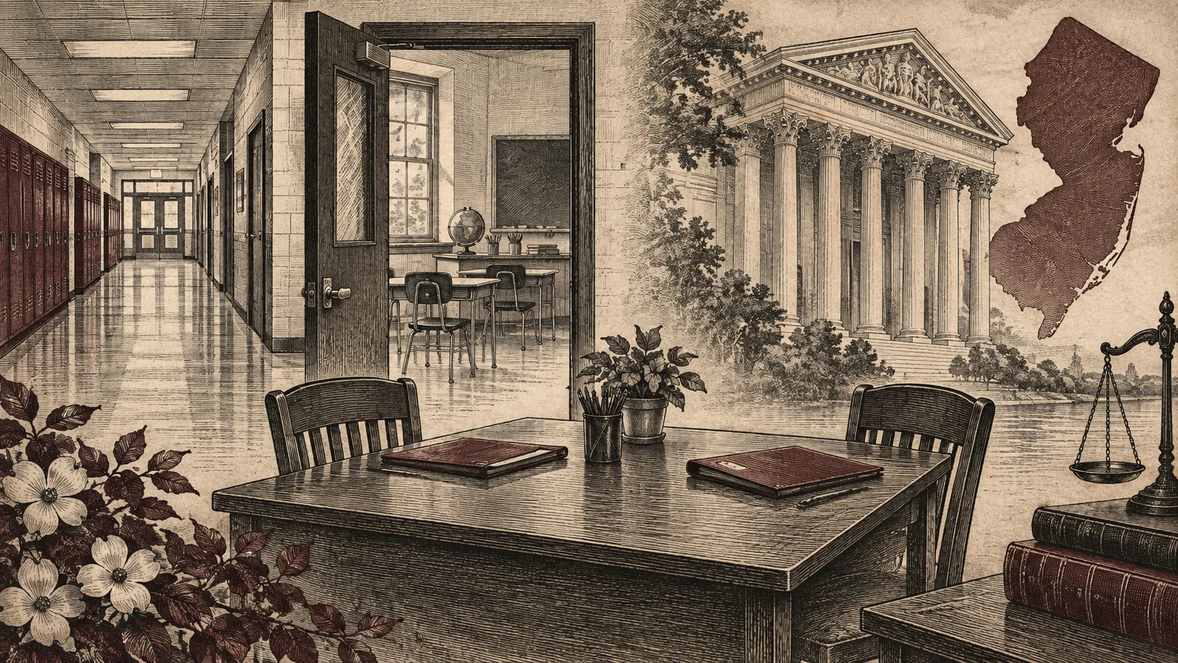 Editorial illustration of an empty parent-teacher meeting table, school corridor and courthouse.
