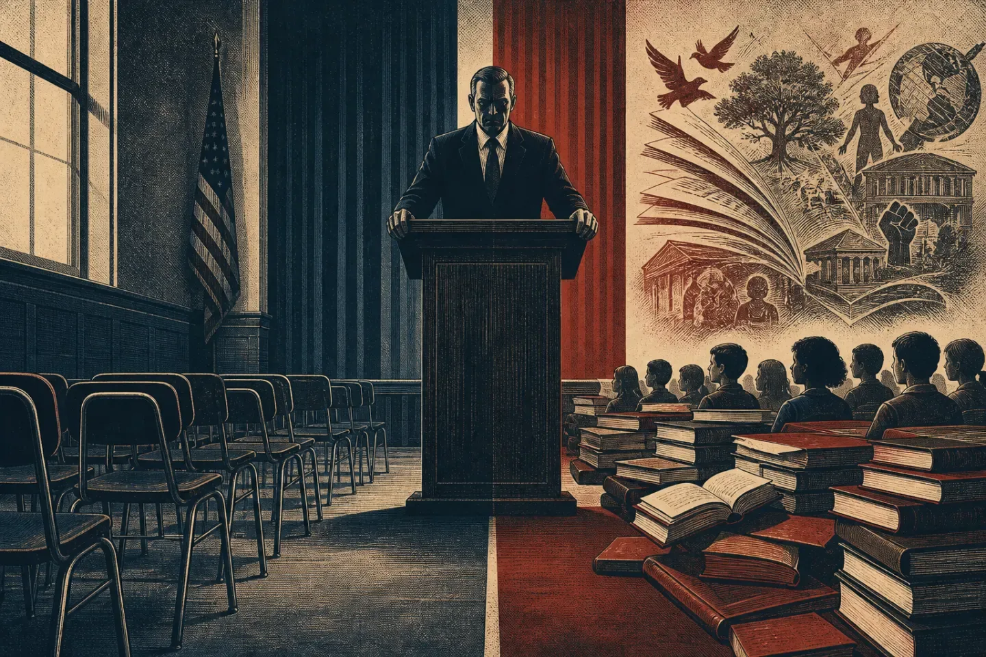 Editorial illustration of a superintendent at a podium, empty chairs, students and books