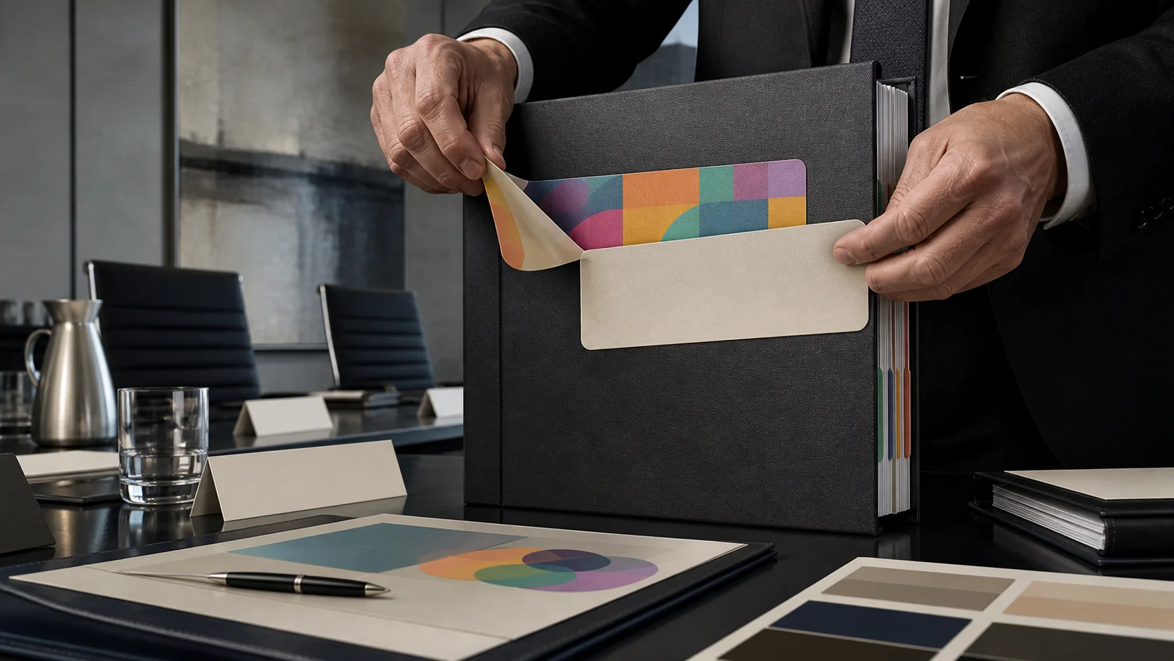 Editorial illustration of executives replacing a colorful policy-binder label with neutral corporate packaging