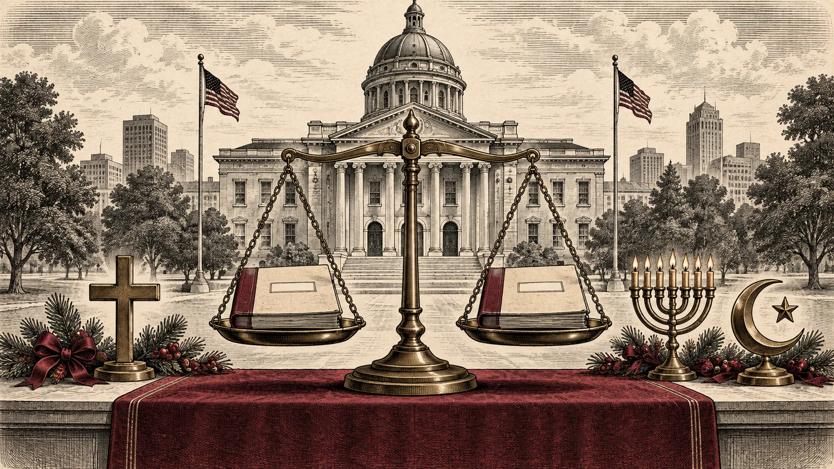 Editorial illustration of city hall, balanced budget ledgers and religious holiday symbols.
