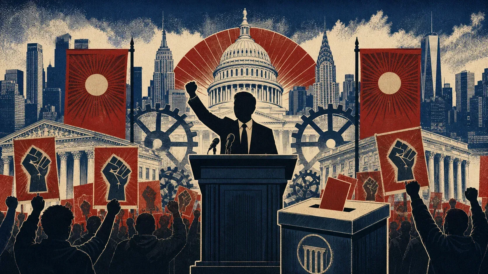 Editorial illustration of a socialist political rally, campaign podium and ballot box before New York and the U.S. Capitol