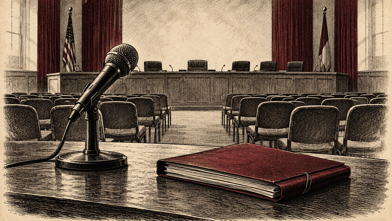 Engraved illustration of a public microphone and closed file in an empty school-board meeting room.