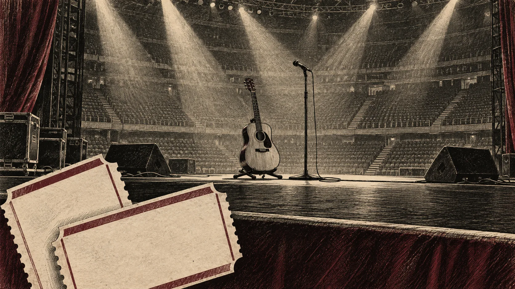 Editorial illustration of an empty concert stage with an acoustic guitar, microphone and tickets