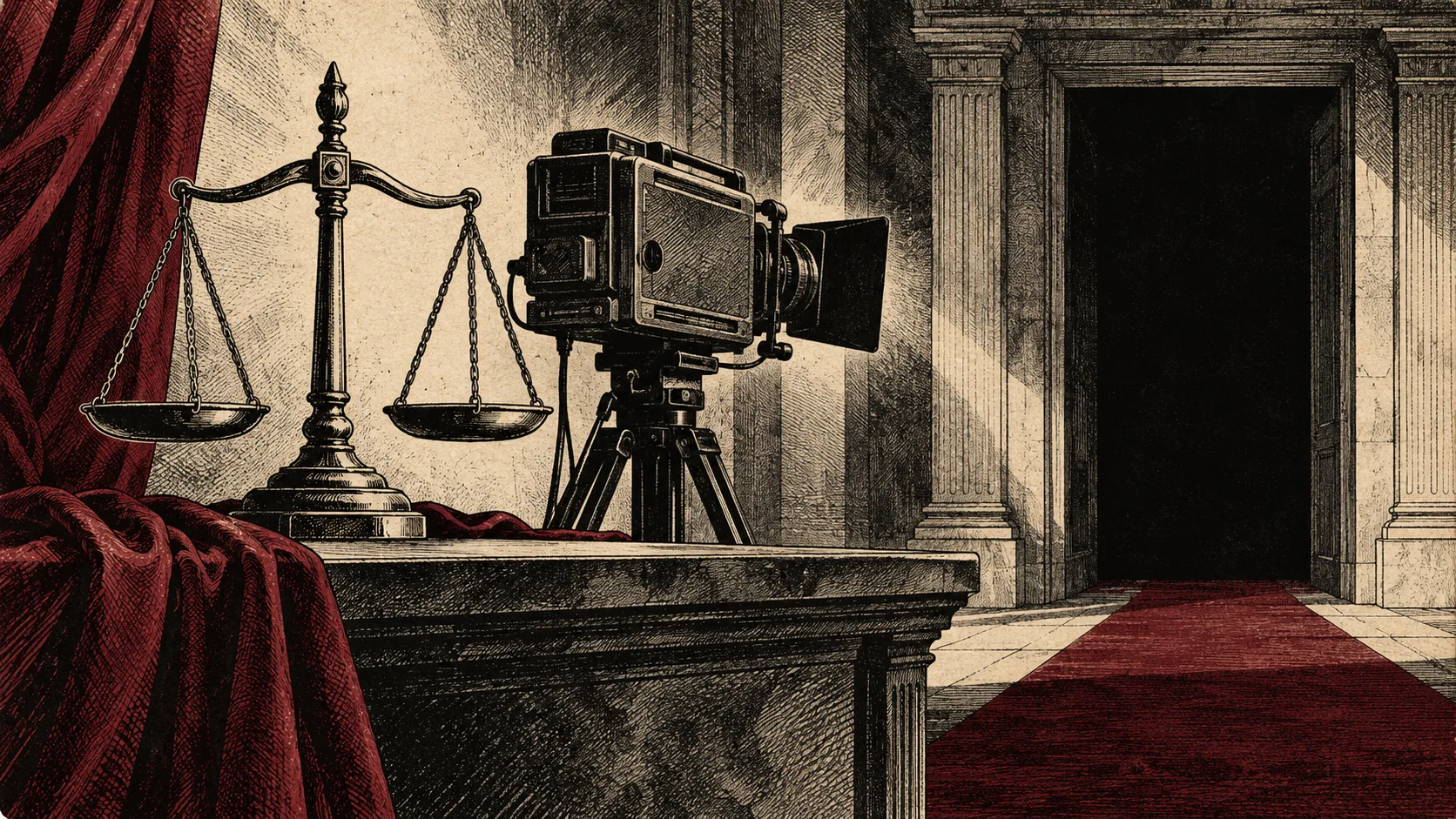 Engraved illustration of justice scales beside a television camera and dark doorway.