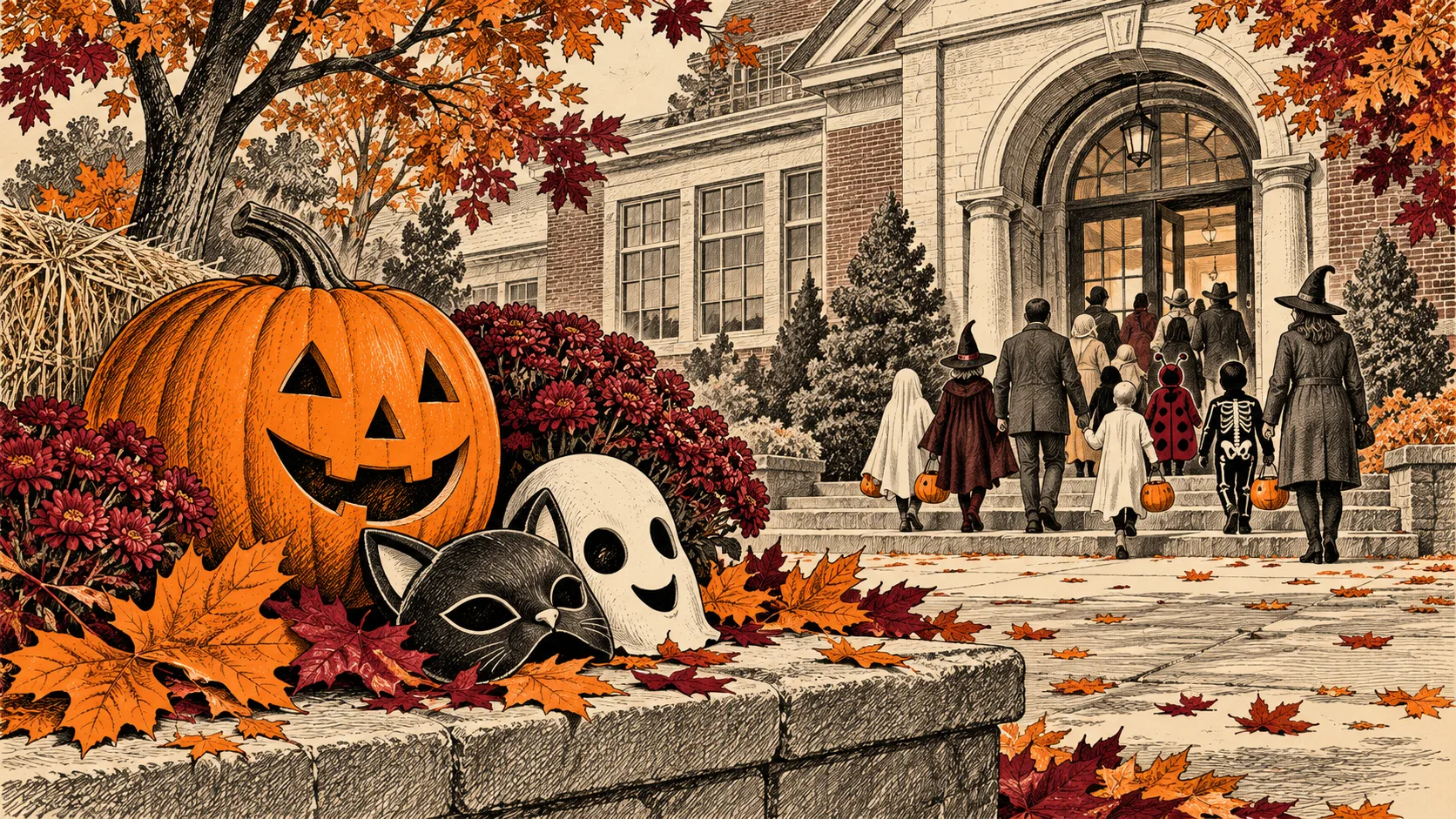 Engraved illustration of pumpkins, costume masks and families approaching a school in autumn.