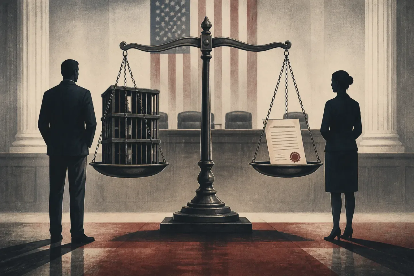 A courtroom scale weighs prison bars against a probation document as a man and woman stand on opposite sides.