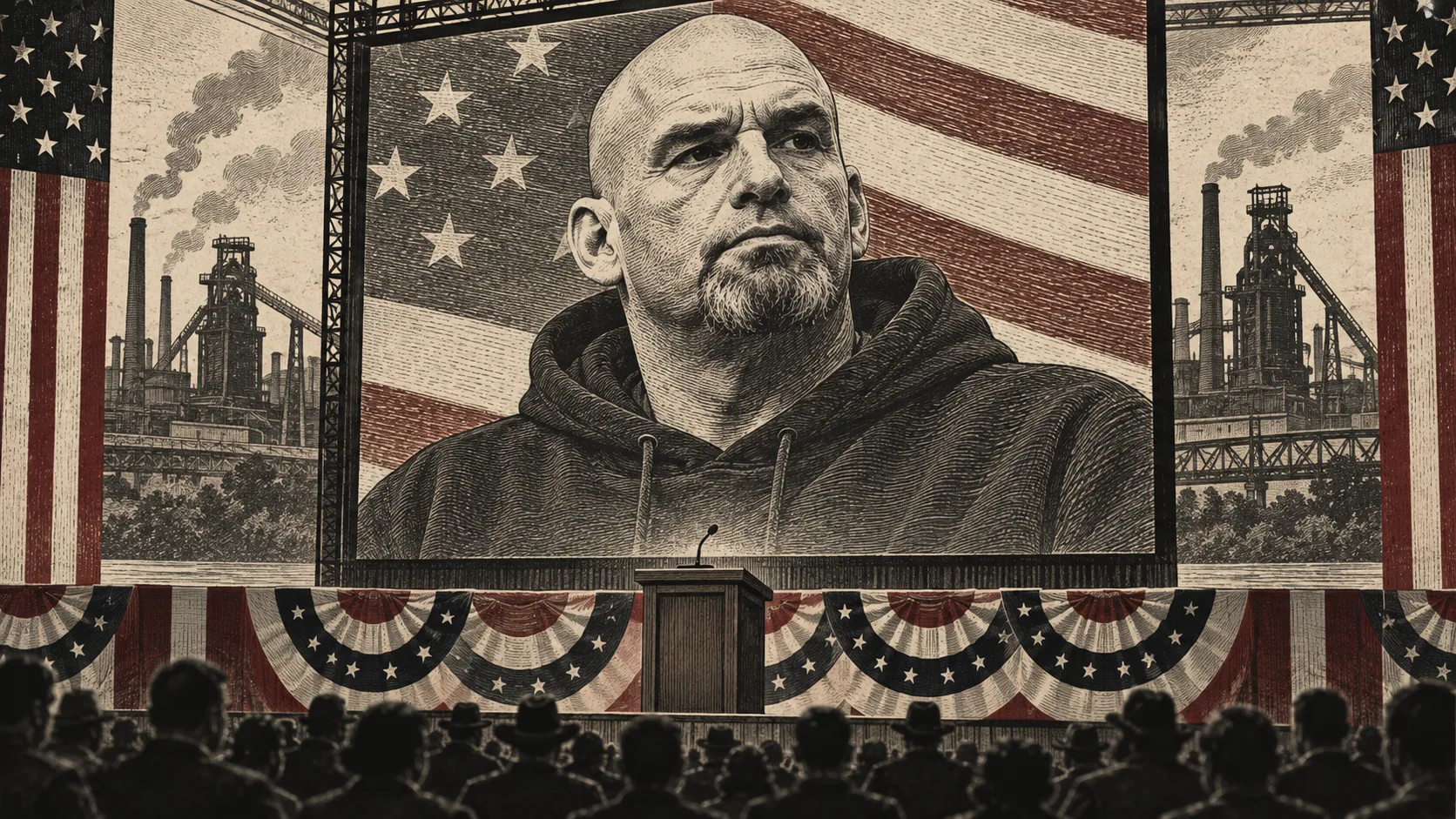 Editorial engraving of John Fetterman on a convention screen, with a podium and steel mill backdrop.