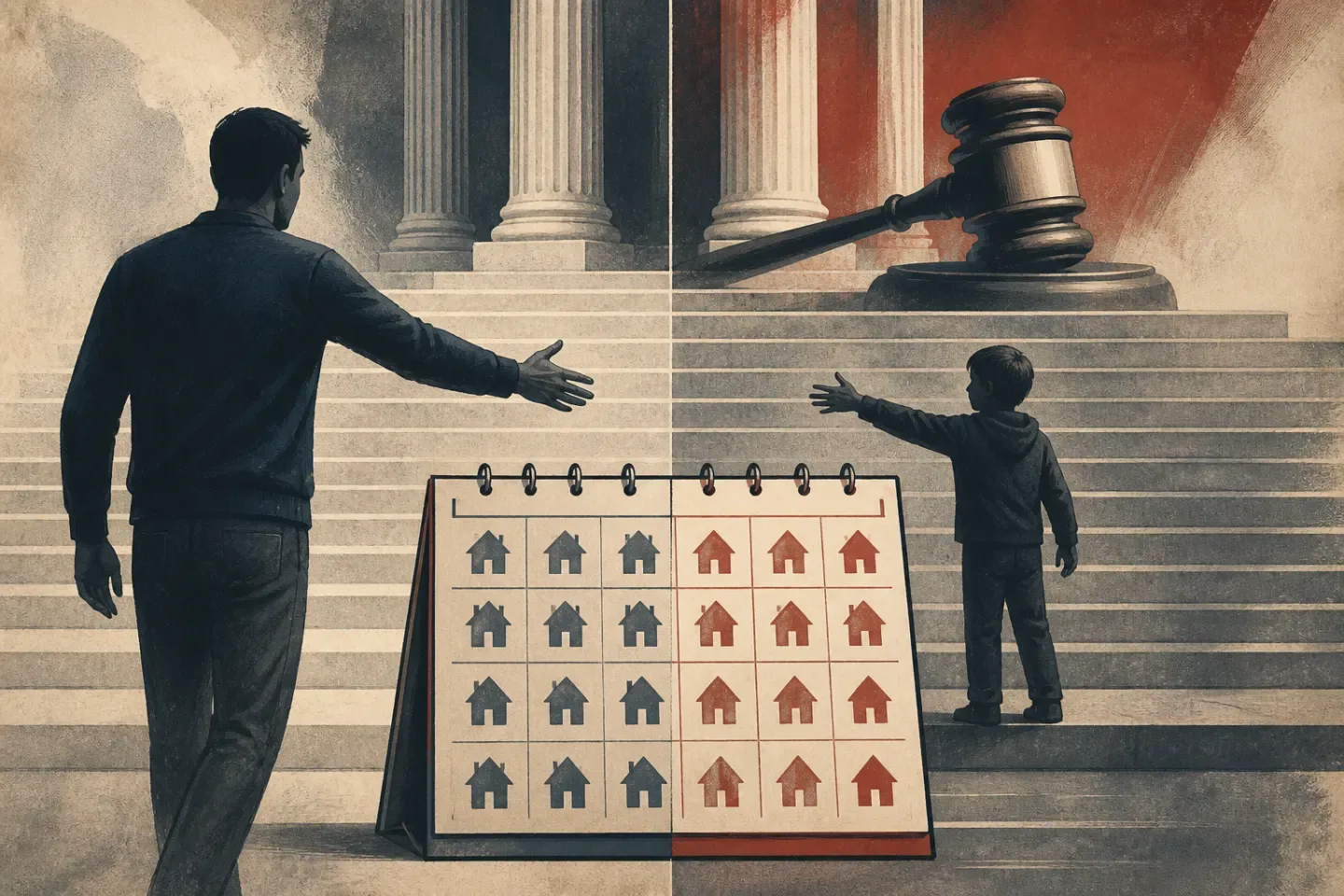 A father and child reach toward each other across a balanced calendar on courthouse steps.
