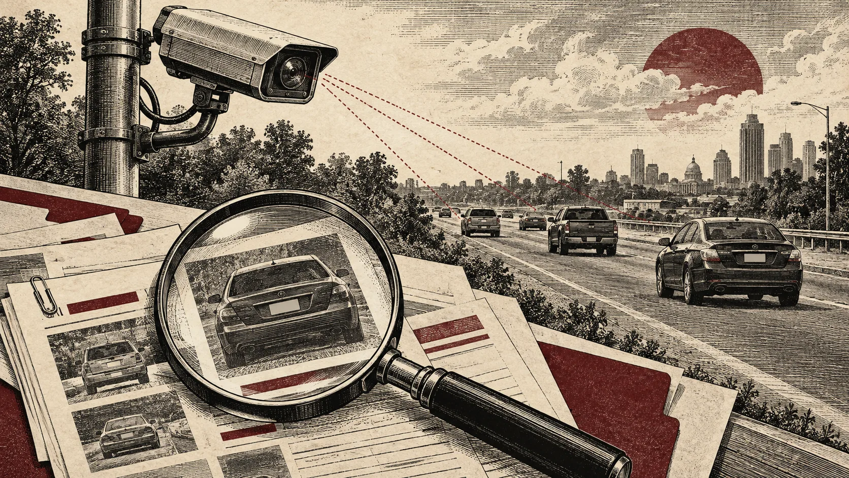 Editorial illustration of a roadside camera, anonymous cars and records under a magnifying glass