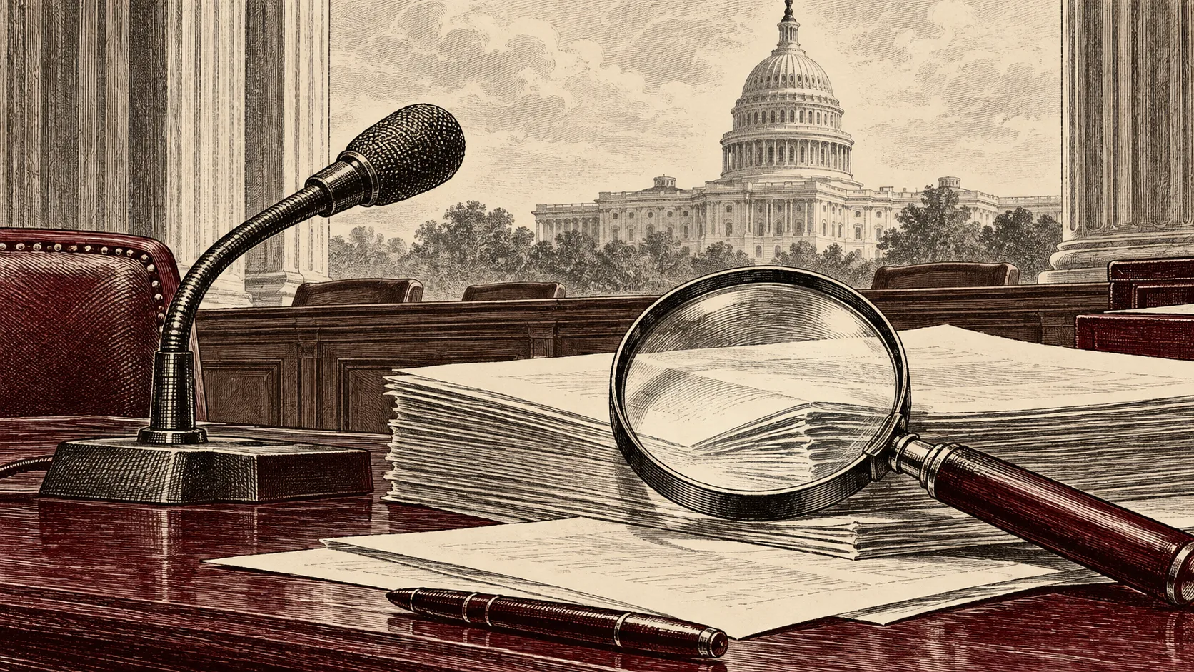Editorial illustration of a hearing microphone and magnifying glass over documents with the Capitol behind
