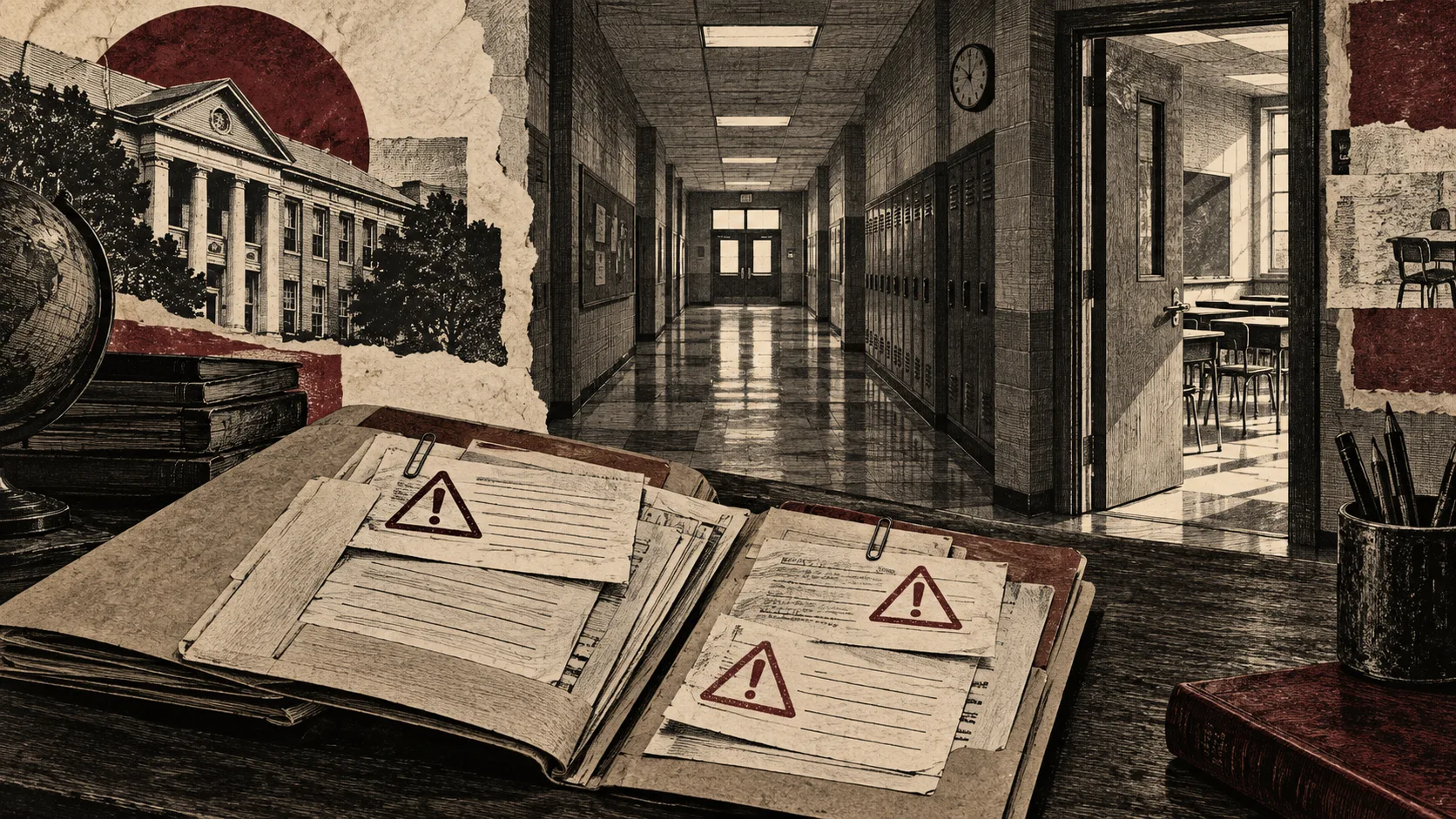 Editorial illustration of warning files on a desk beside an empty school hallway