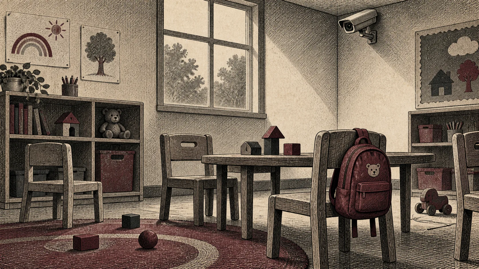 Editorial illustration of an empty preschool classroom, a backpack and a surveillance camera