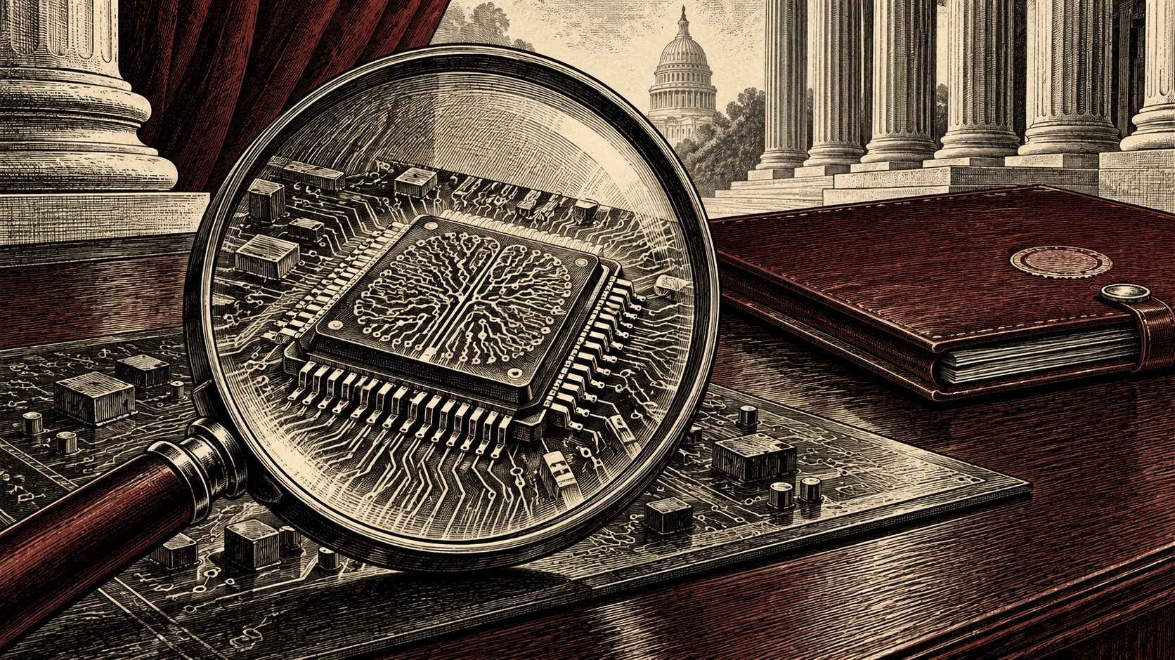 Editorial illustration of a magnifying glass inspecting a computer processor beside an official folder.