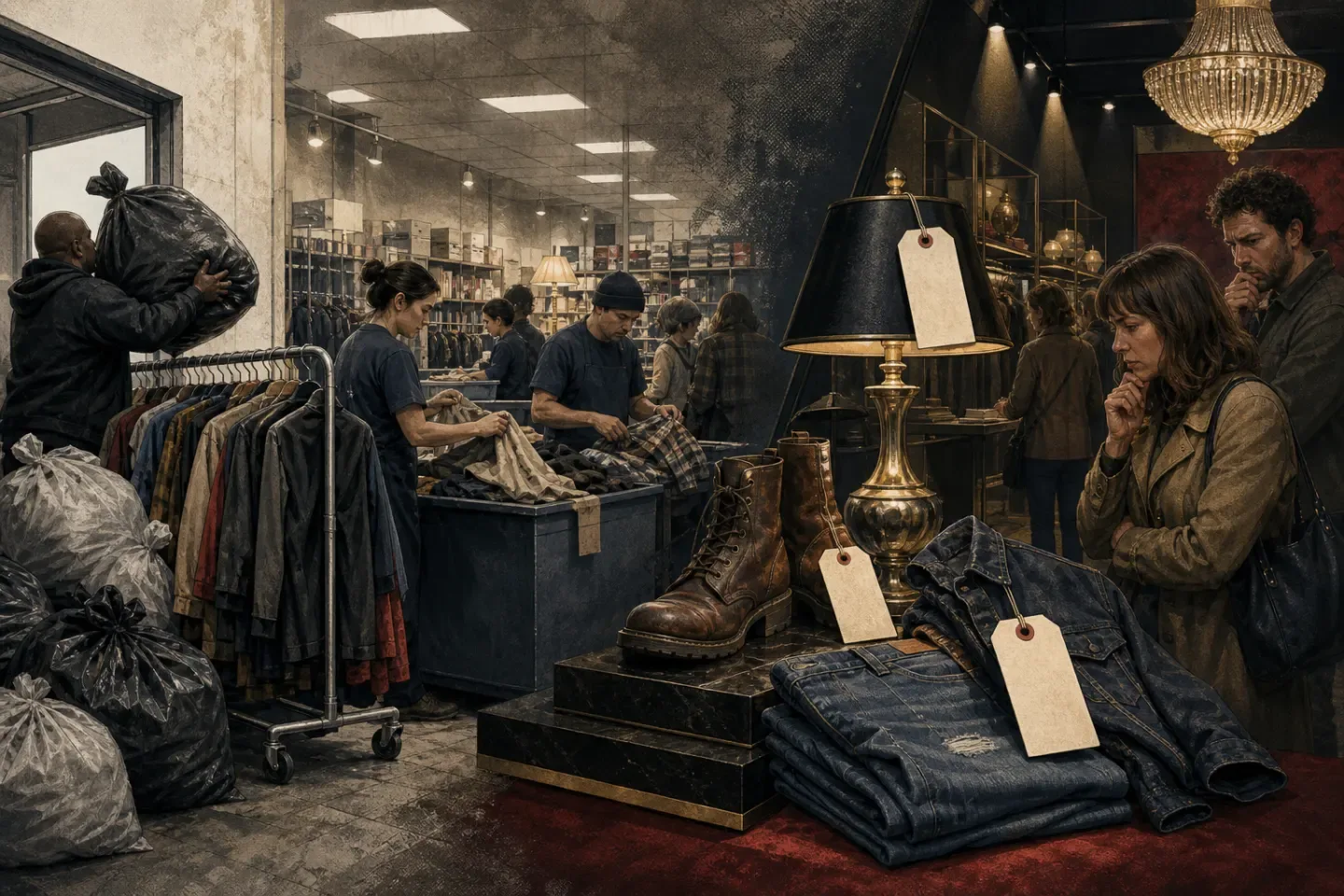 A thrift store transforms into a luxury boutique as donated boots, jeans and a lamp receive oversized price tags.