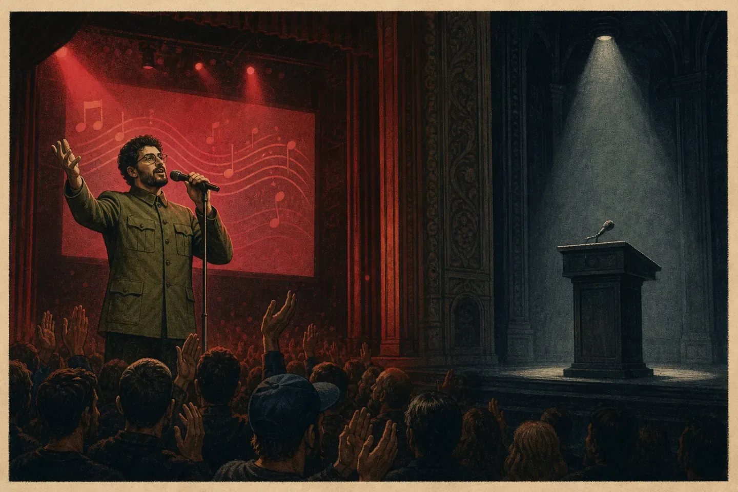 A political streamer sings before a cheering theater crowd while an empty lectern stands under a cold spotlight.