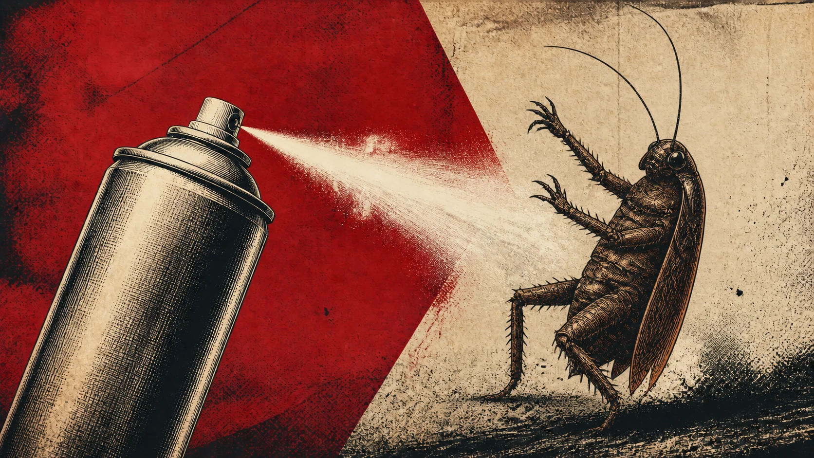 Editorial illustration of an insecticide can spraying a humanoid cockroach