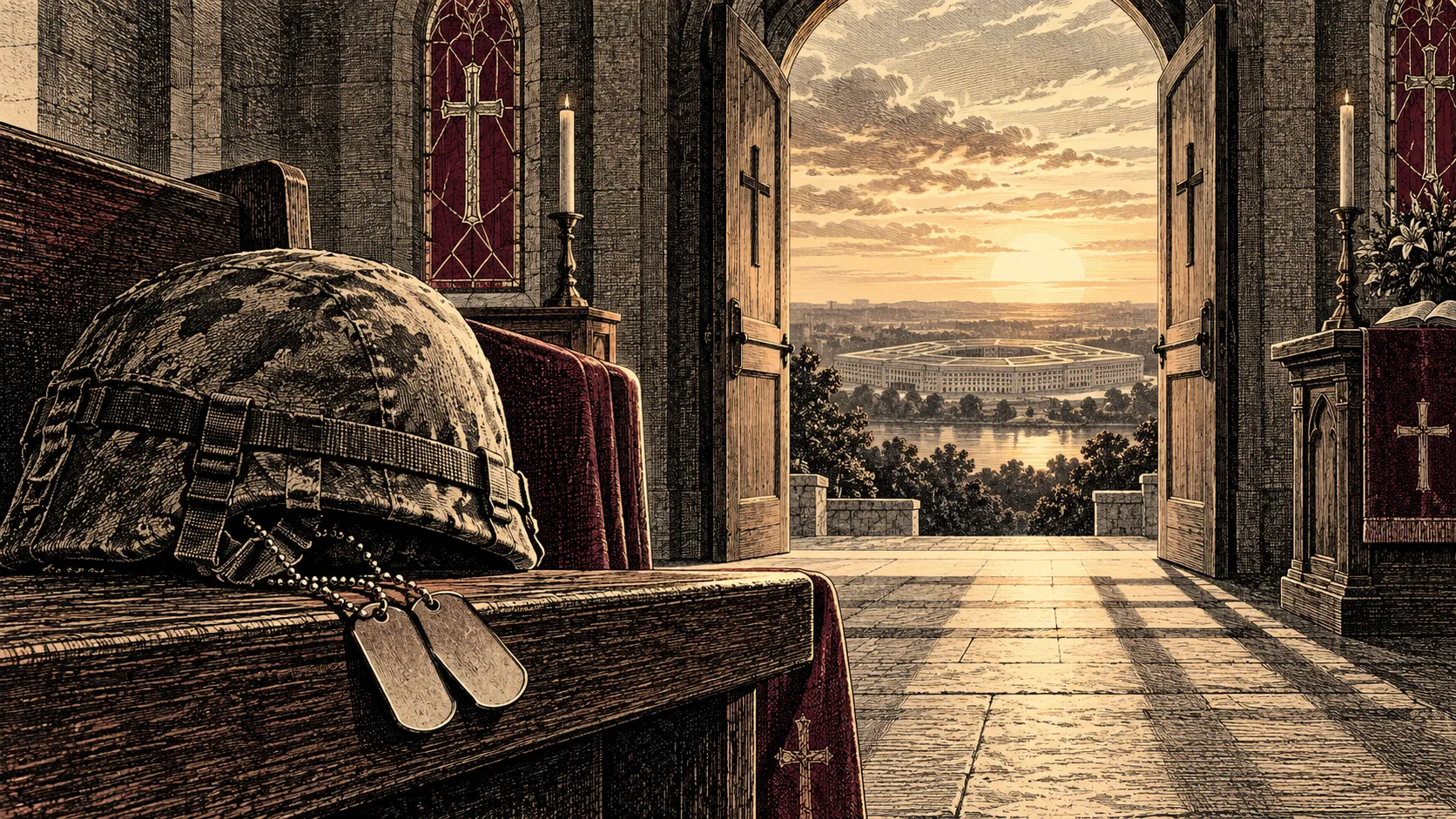 Editorial illustration of a helmet and dog tags in a chapel overlooking the Pentagon.