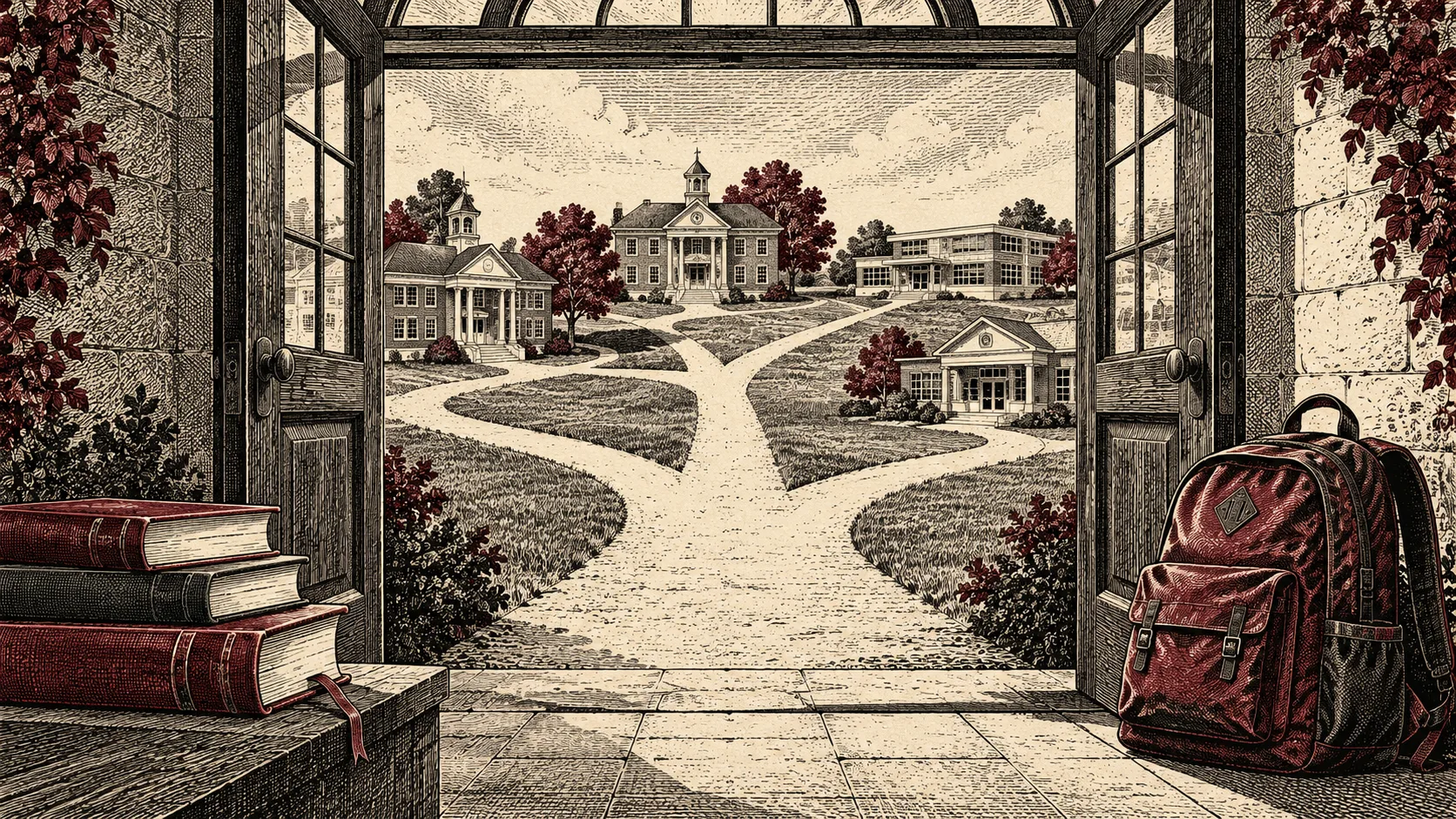 Engraved illustration of an open doorway and paths leading to several schools.