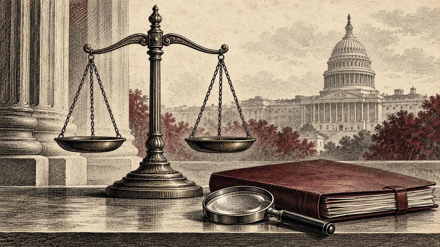 Engraved illustration of balanced justice scales, a document folder and magnifying glass with the Capitol in the distance.
