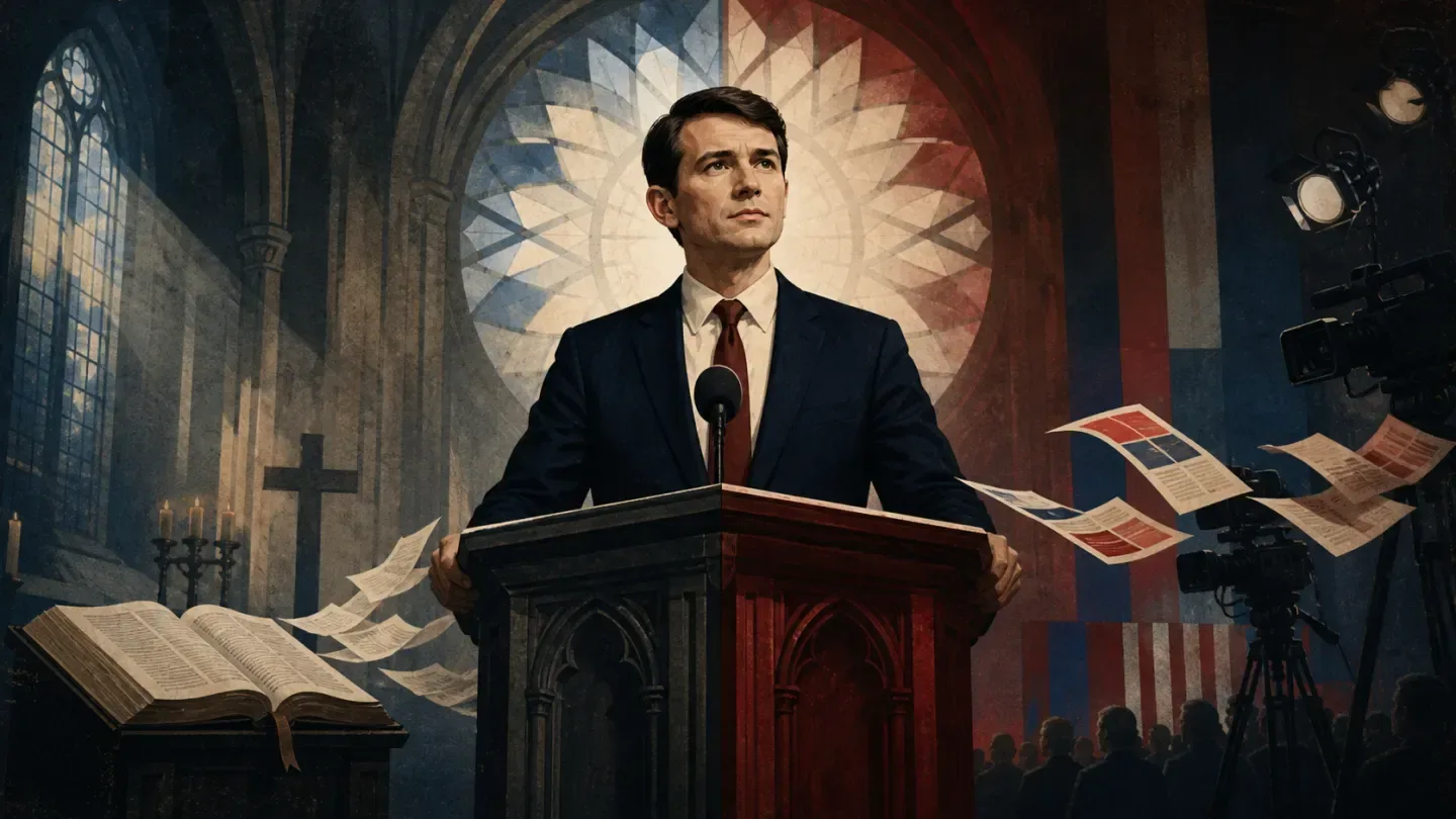 Editorial illustration of James Talarico standing between a church pulpit and a political campaign stage