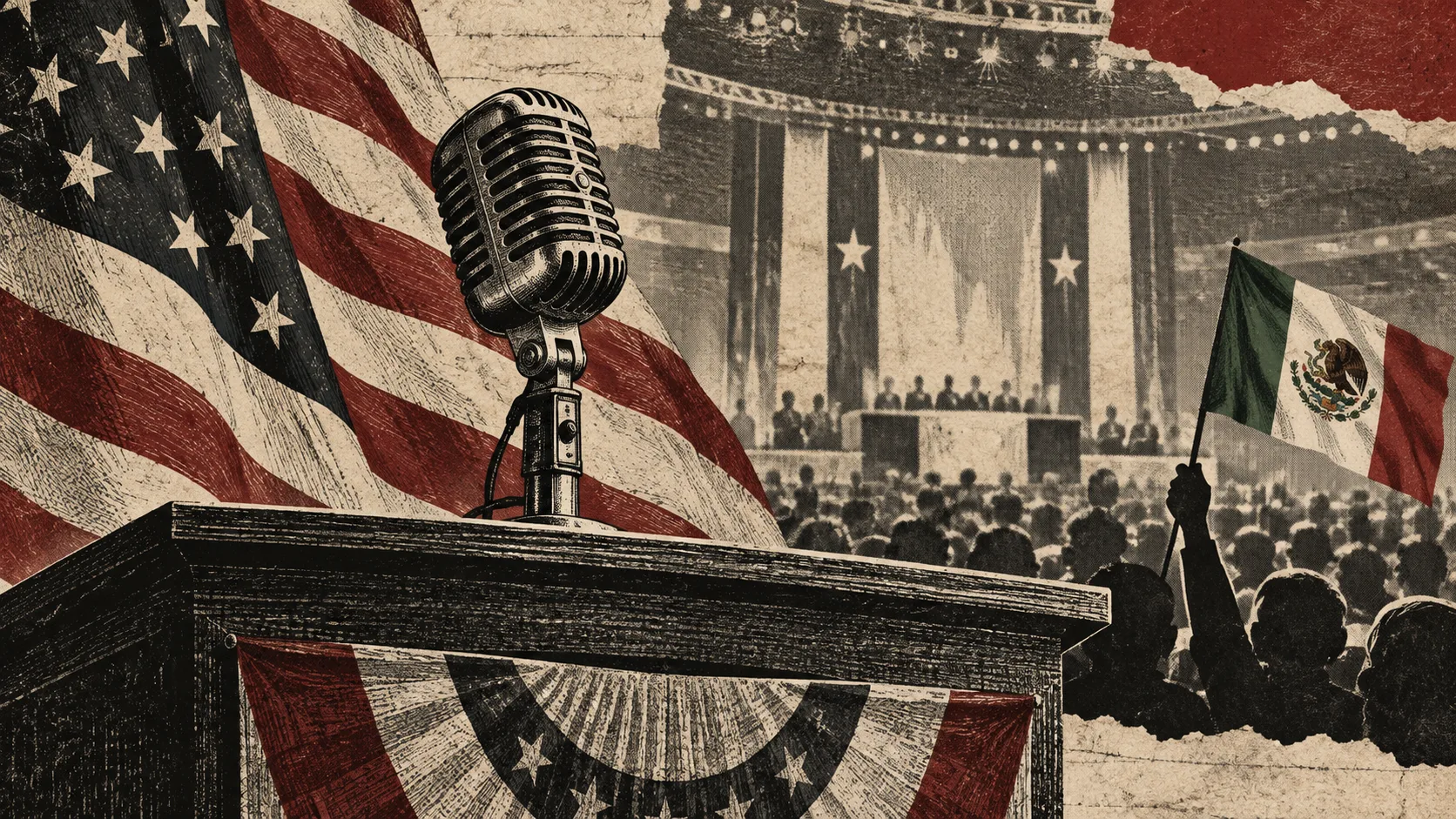 Editorial illustration of a convention microphone with American and Mexican flags