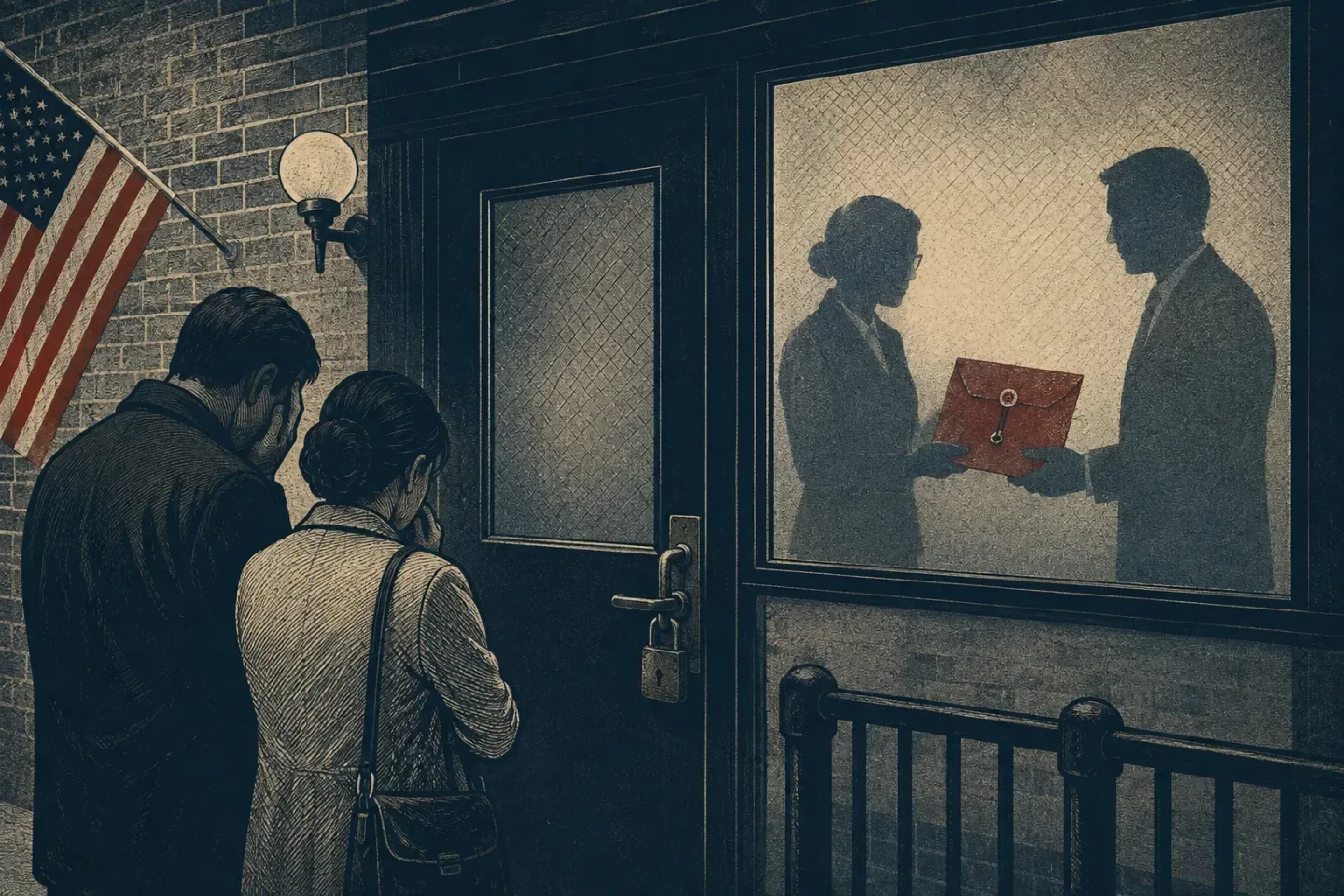 Editorial illustration of parents outside a locked school office while administrators hold a sealed student file
