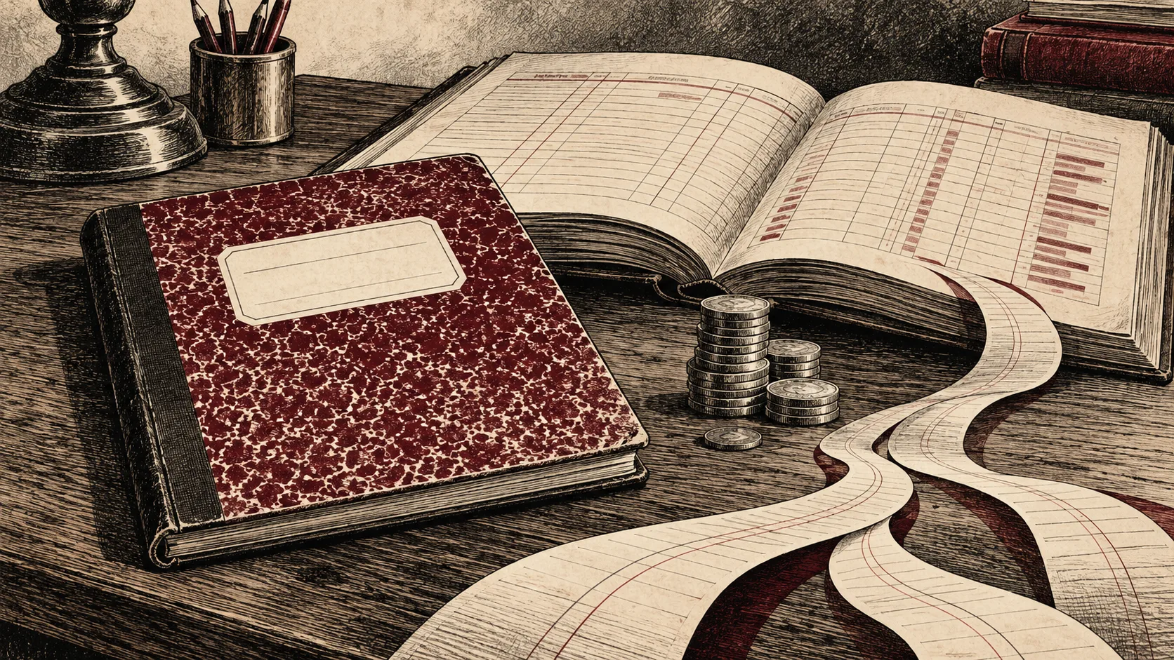Engraved illustration of an exercise book, campaign ledger, coins and a branching paper trail.