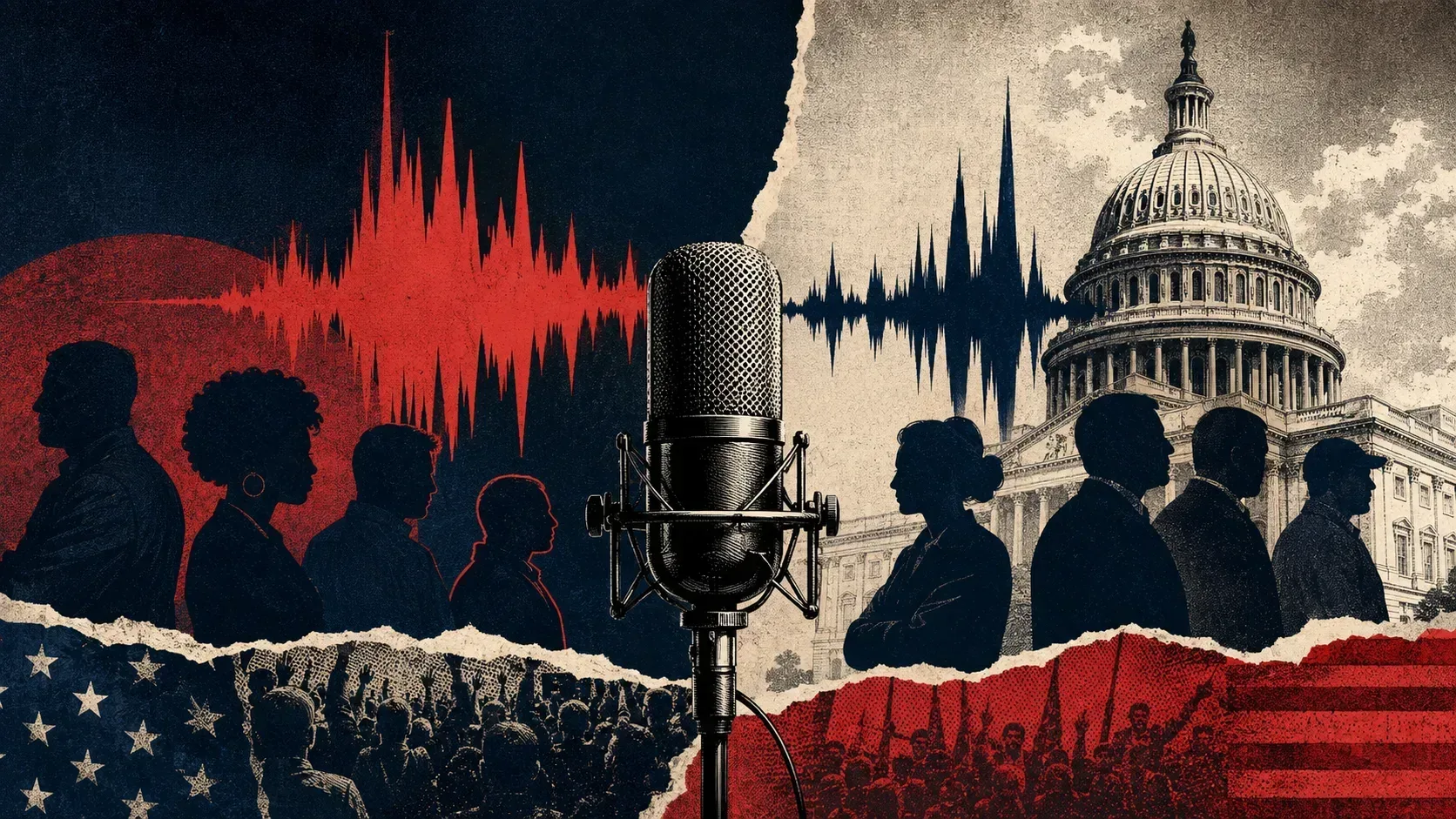 Editorial illustration of a podcast microphone dividing political silhouettes before the U.S. Capitol