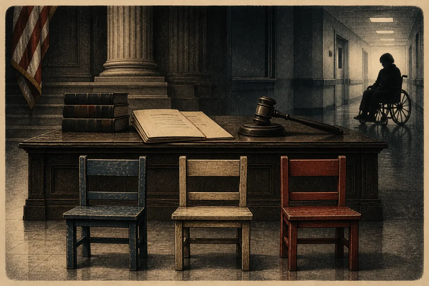 Editorial illustration of three empty child-sized chairs before a courtroom desk, with a distant woman in a wheelchair
