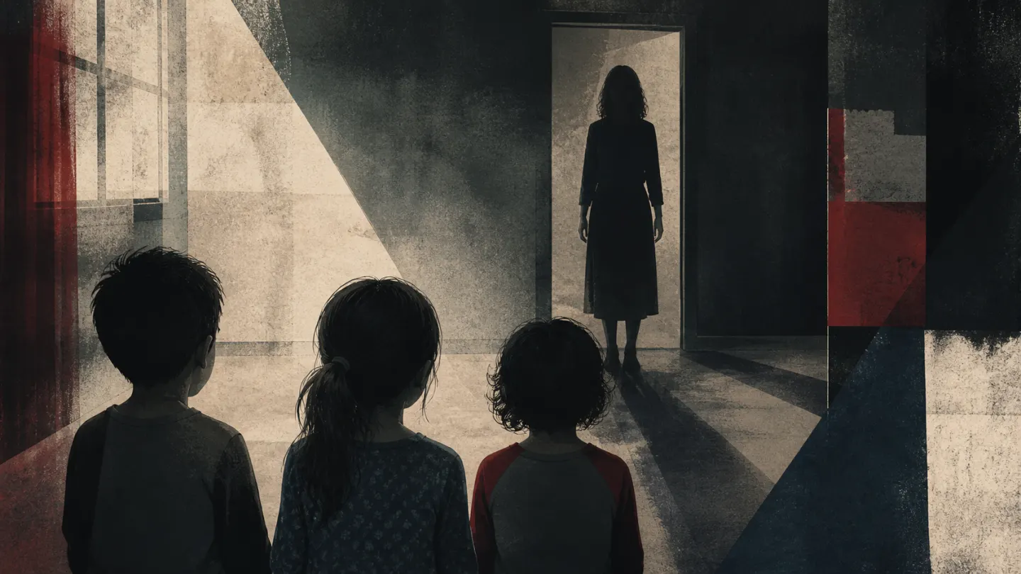 Editorial illustration of an ominous woman standing in shadow behind three children