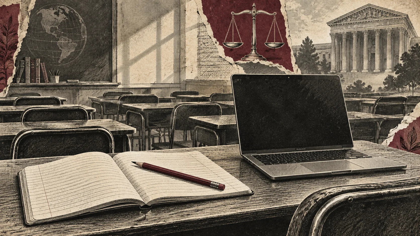 Editorial illustration of a notebook and laptop on a classroom desk with a courthouse motif