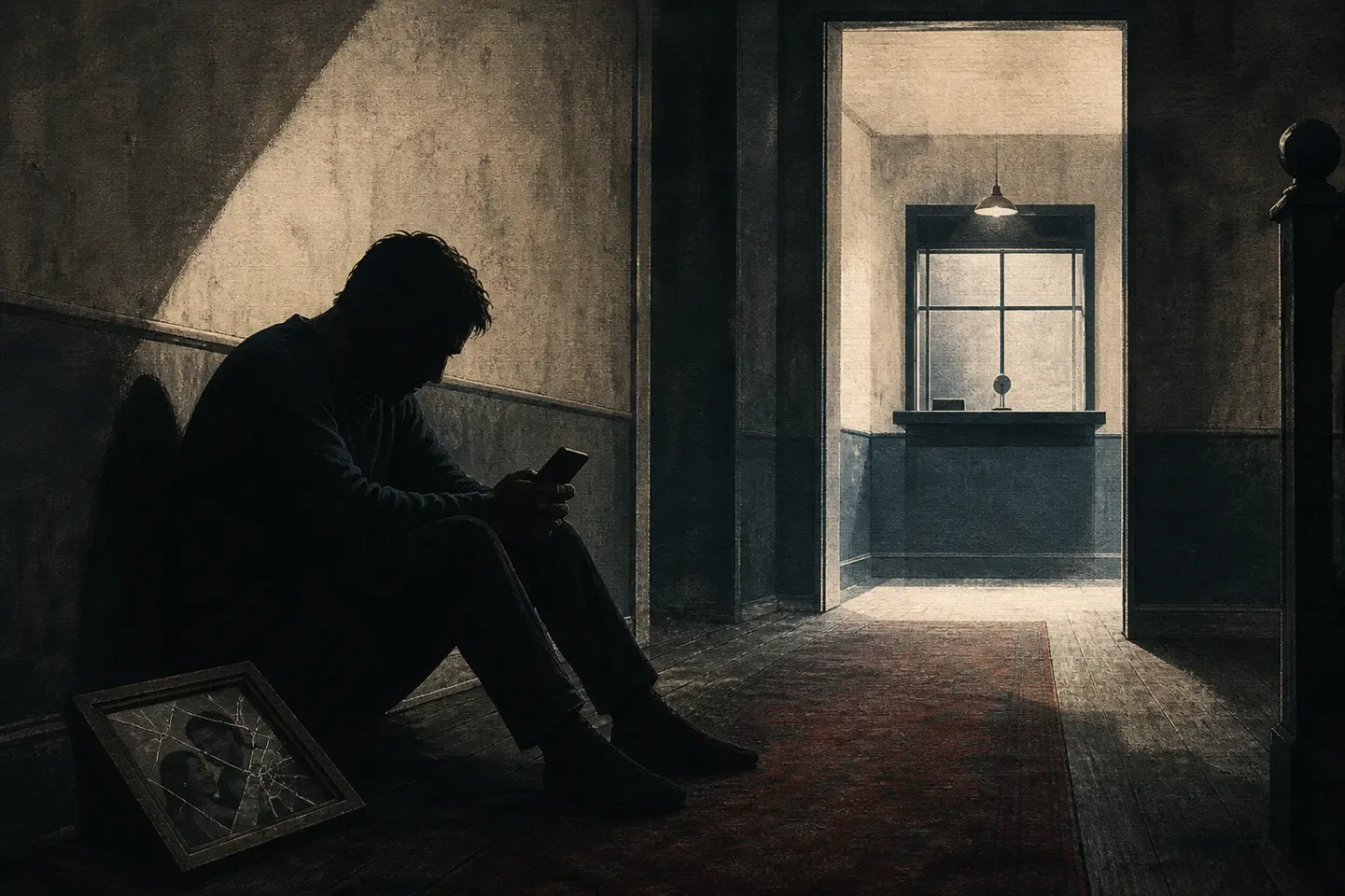 A man sits alone in a dark hallway holding a phone while an empty help desk remains distant.