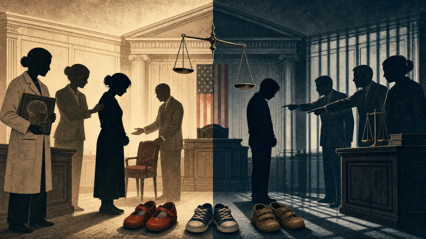 A divided courtroom offers medical compassion to a woman while casting a man behind barred shadows.