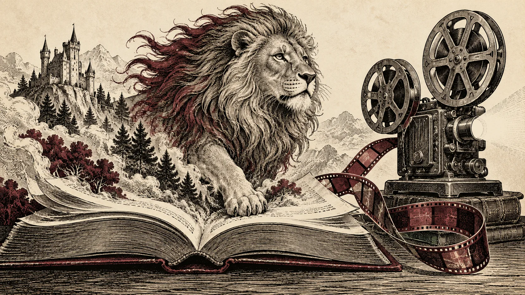 Editorial illustration of a lion emerging from an antique book beside a movie projector.