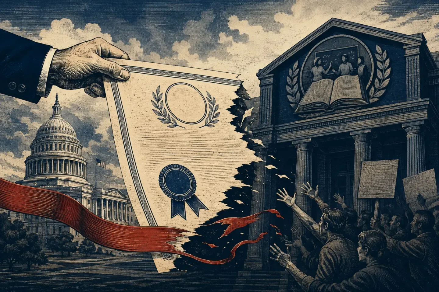 Editorial illustration of Congress withdrawing a ceremonial charter from a teachers union