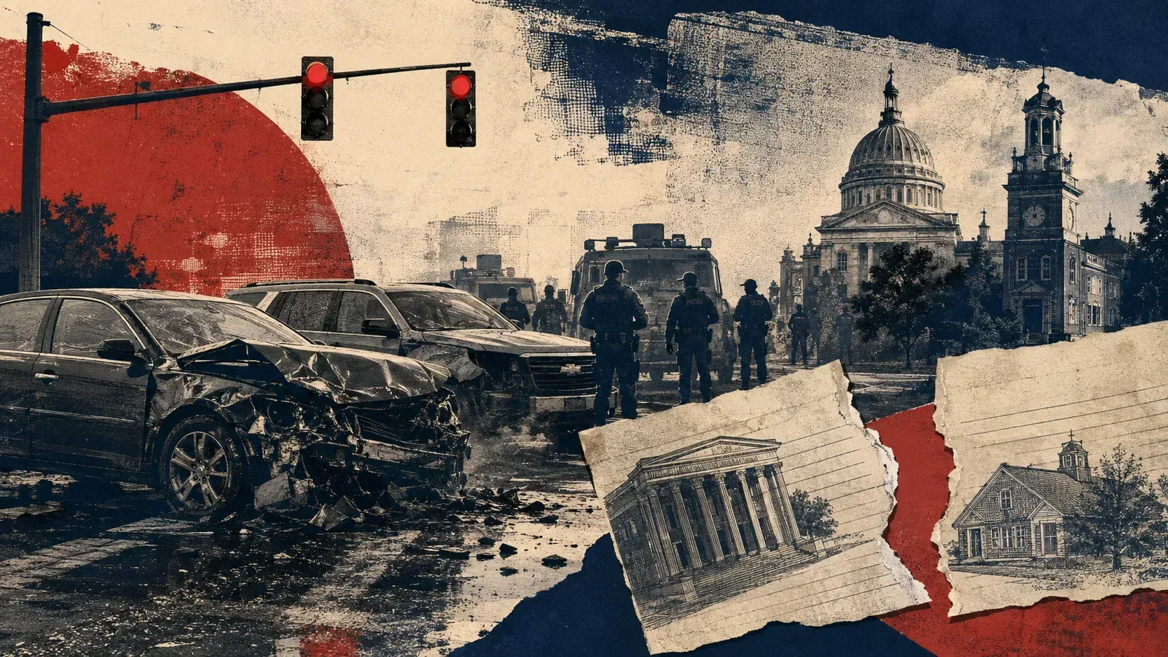 Editorial illustration of a podcast microphone dividing political silhouettes before the U.S. Capitol