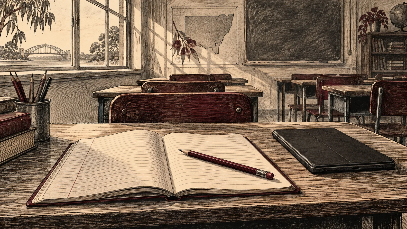 Editorial illustration of an open notebook and pencil beside a closed tablet in a classroom