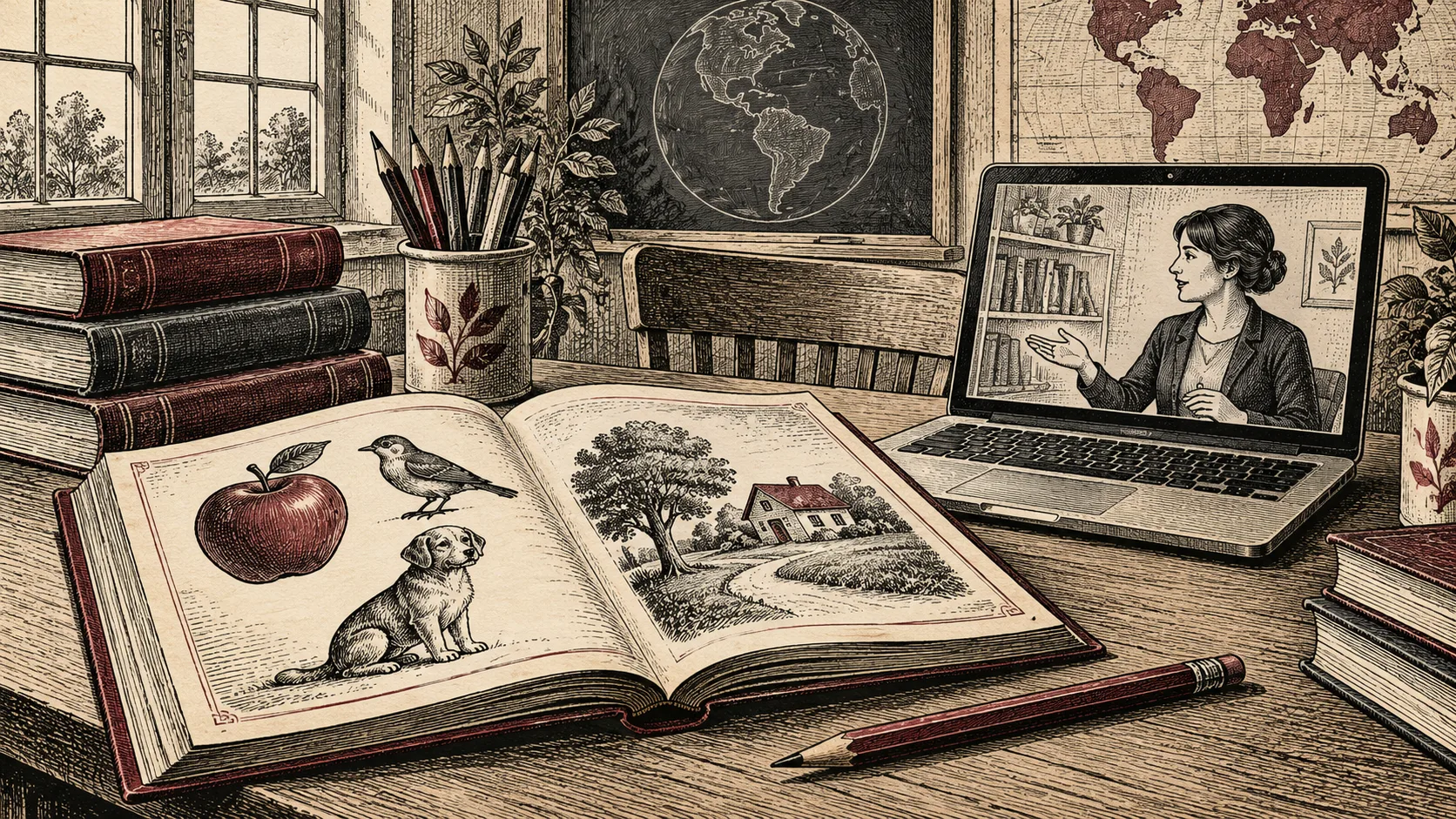 Engraved illustration of a reading book beside a laptop displaying an adult tutor.